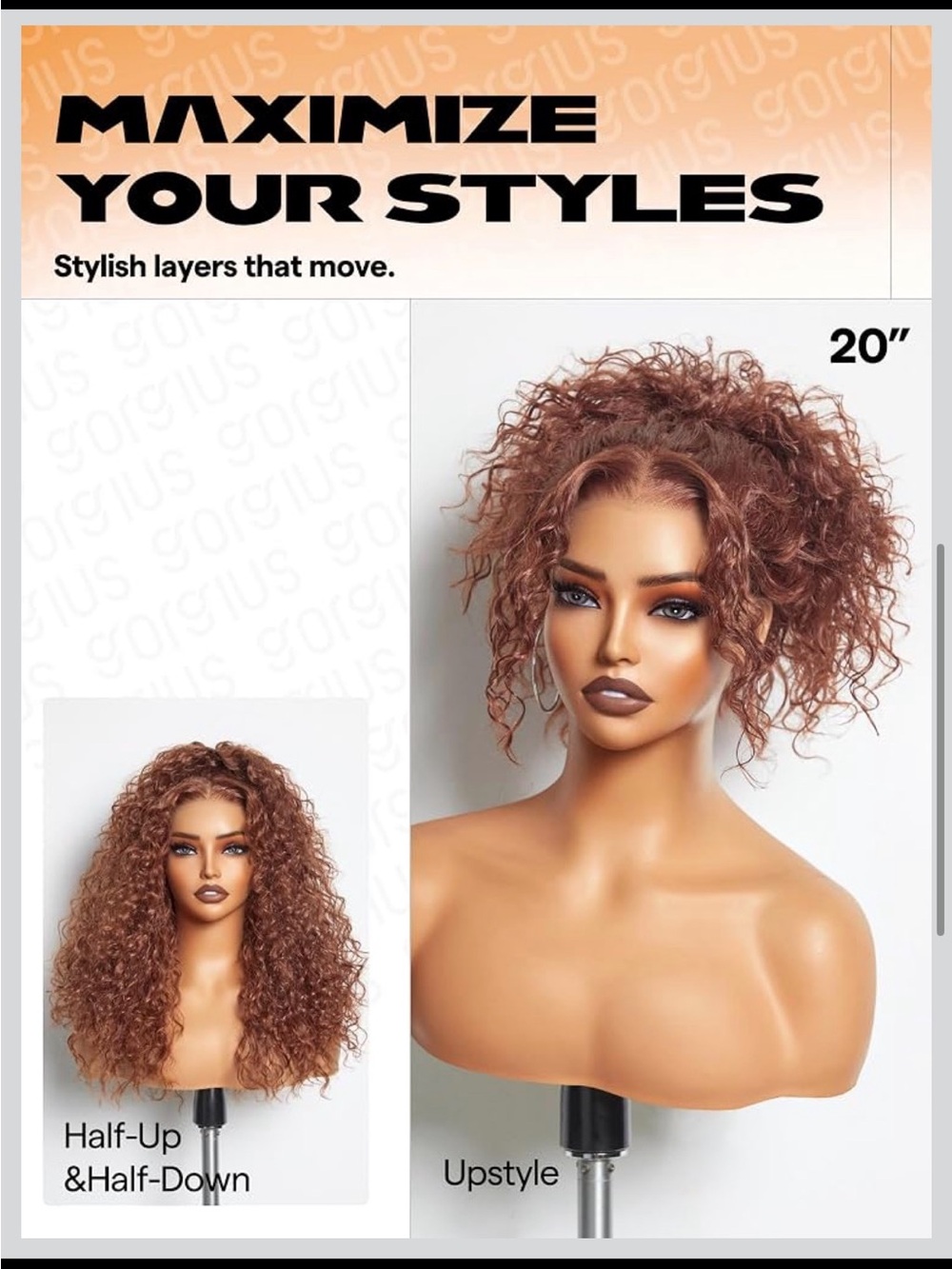 20” Kinky Curly Ginger Brown Lace Front Wig - New in Box - Picture 4 of 8
